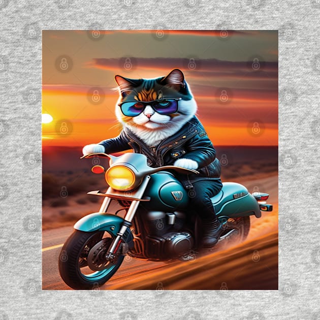 Cat with glasses riding a motorbike sunset by SylwiaArt